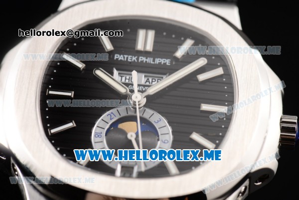 Patek Philippe Nautilus Annual Calendar Miyota 9015 Automatic Steel Case with Black Dial Black Leather Strap and Stick Markers - Click Image to Close